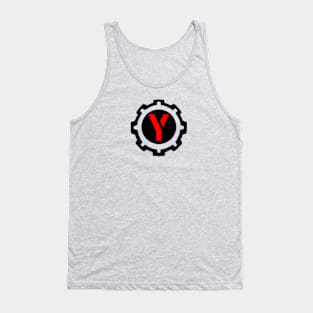 Red Letter Y in a Black Industrial Cog Tank Top